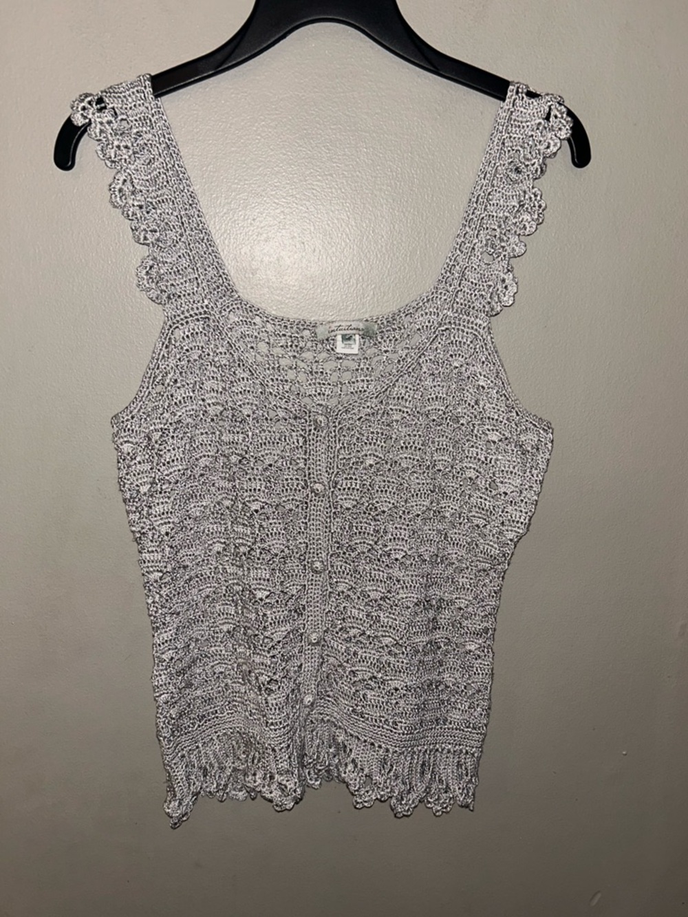 Crochet Knit Tank - gray/silver silk blend w/intricate pattern